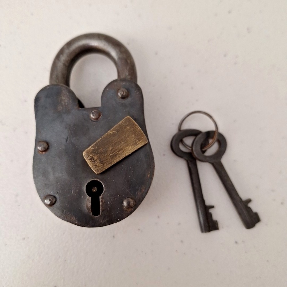 Antique Padlock 4'' Cast Iron Lock and Keys Old Vintage 1800s Style